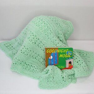 Crochet Baby Blanket Afghan and Board Book 2 pc Set Shower Gift Nursery